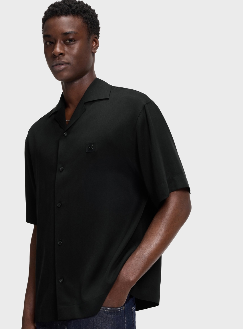 HUGO Oversized-Fit Shirt With Stacked-Logo Trim  Espino - Black