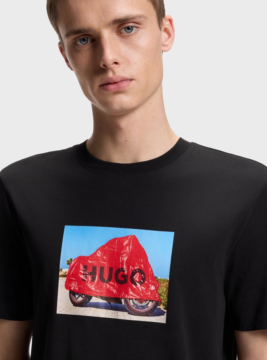 HUGO Cotton-Jersey T-Shirt With Biker-Inspired Artwork Dostino - Black