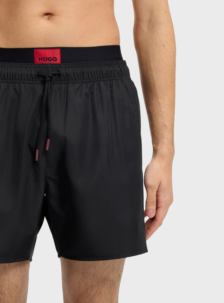 HUGO Double-Waistband Swim Shorts With Logo Details  GALAXY_swim - Black