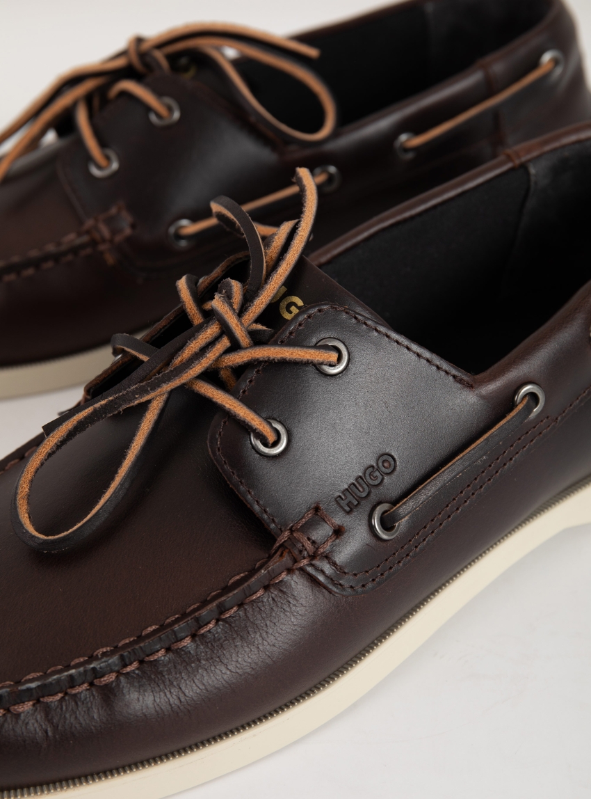 HUGO Leather Boat Shoes With Lacing Detail Darcy_boat_lt - Dark Brown
