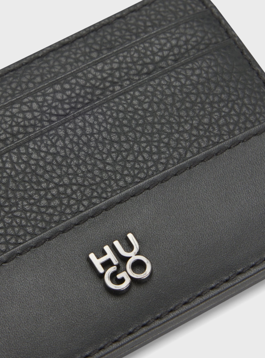 HUGO Leather Card Holder With Stacked-Logo Trim Quantic_Cardcase - Black