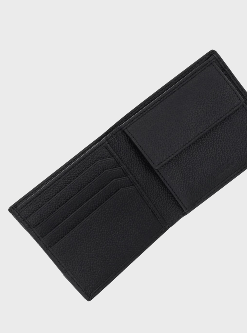 HUGO Leather Folding Wallet With Stacked-Logo Trim Quantic_4cc Coin - Black