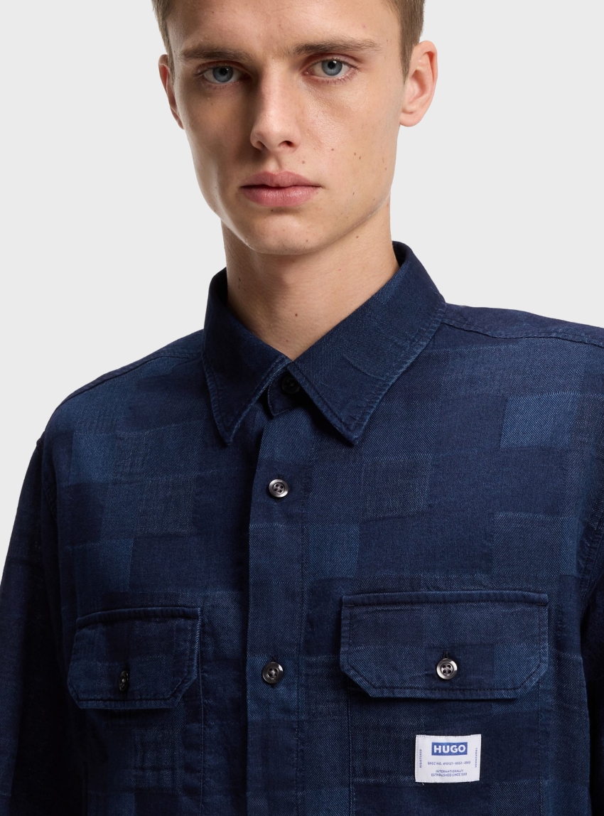 HUGO Oversized-Fit Shirt In Checked Cotton  Ekyno - Dark Blue