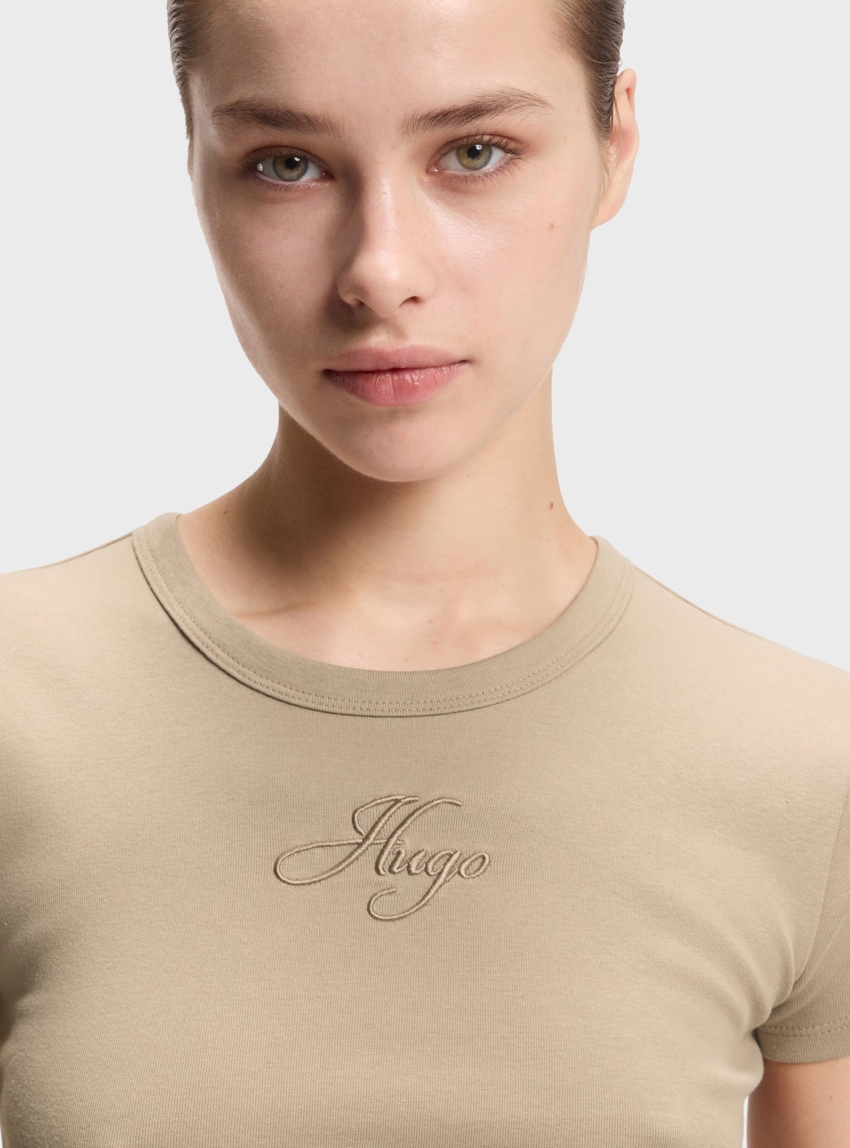 HUGO Cotton-Blend T-Shirt With Embroidered Logo Delanor_3 - Light Beige