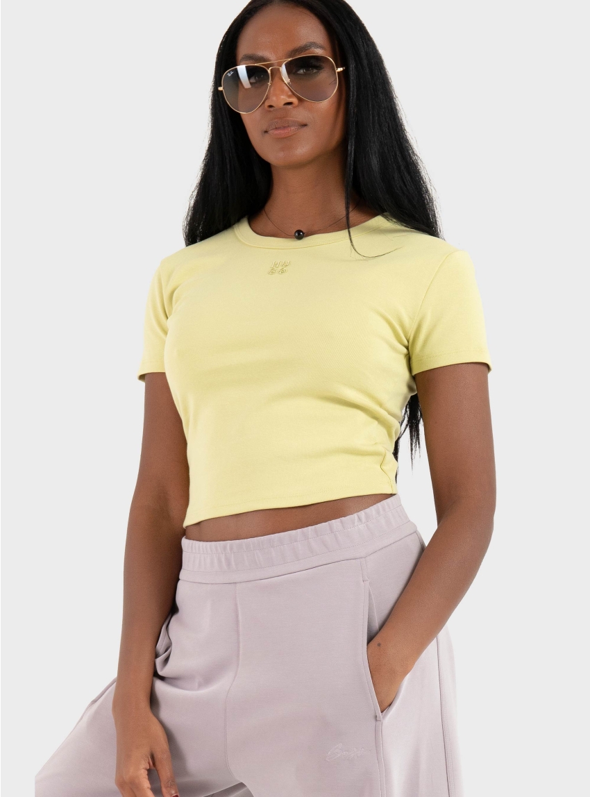 HUGO Cotton-Blend Slim-Fit T-Shirt With Embroidered Logo Delanor - Yellow Green