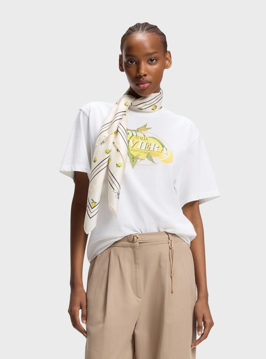 HUGO Silk Scarf With Printed Artwork  Auraize_90*90 - White