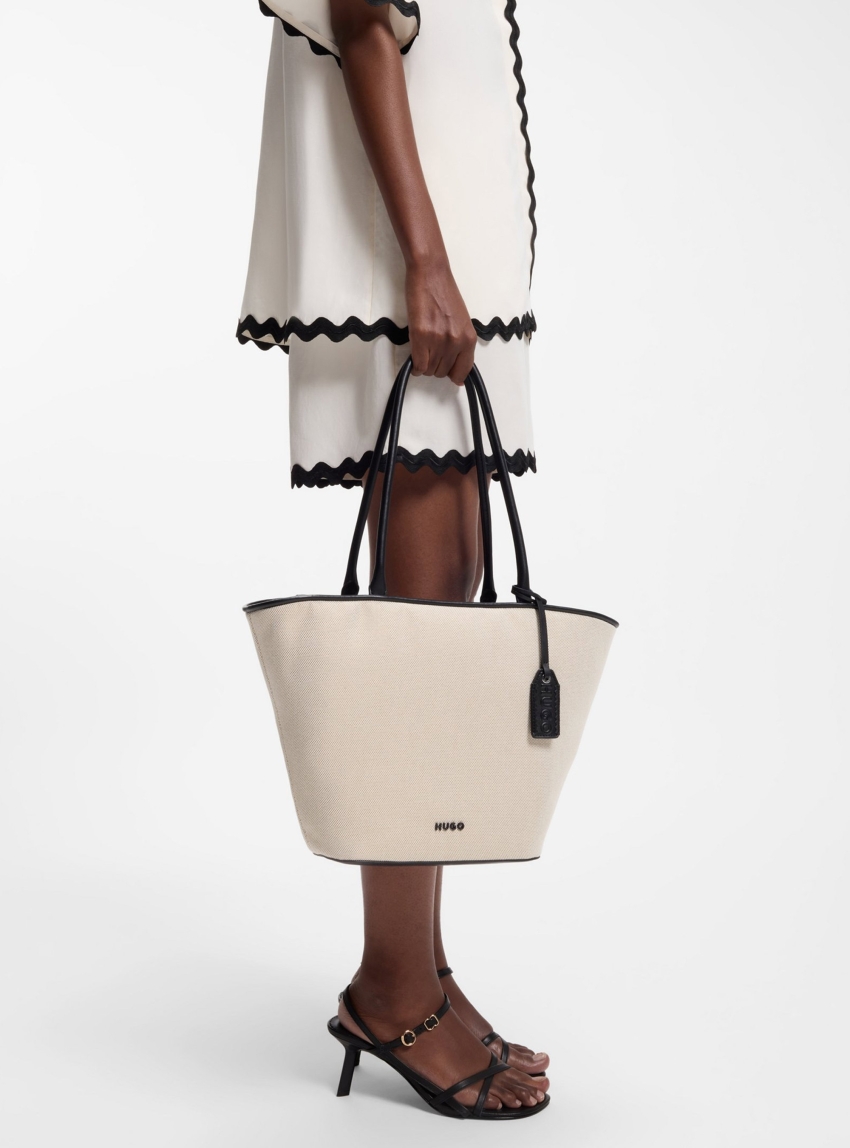 HUGO Canvas Shopper Bag With Faux-Leather Trims Jodi - Ecru