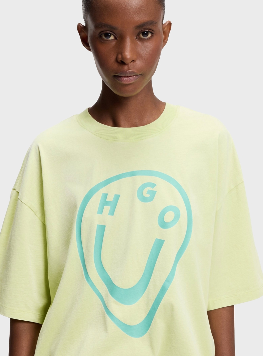 HUGO Cotton-Jersey T-Shirt With Melted-Effect Happy Hugo Print Oversized_Tee_B_11 - Lime