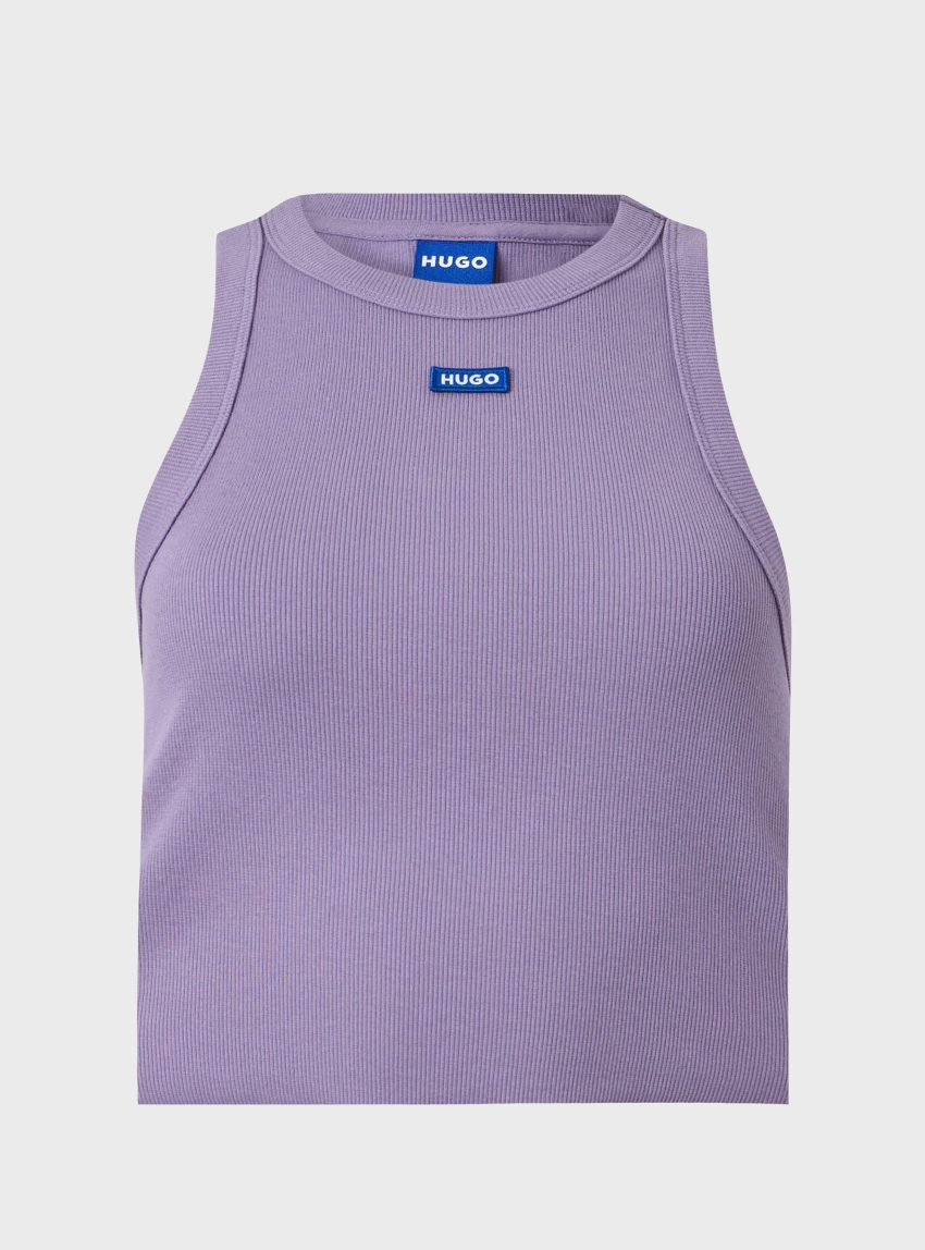 HUGO Cropped Stretch-Cotton Tank Top With Blue Logo Label  Baby Tank_B - Purple