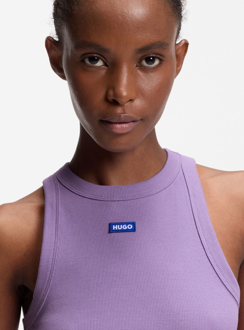 HUGO Ribbed Stretch-Cotton Tank Top With Logo Badge Easy Tank_B - Purple