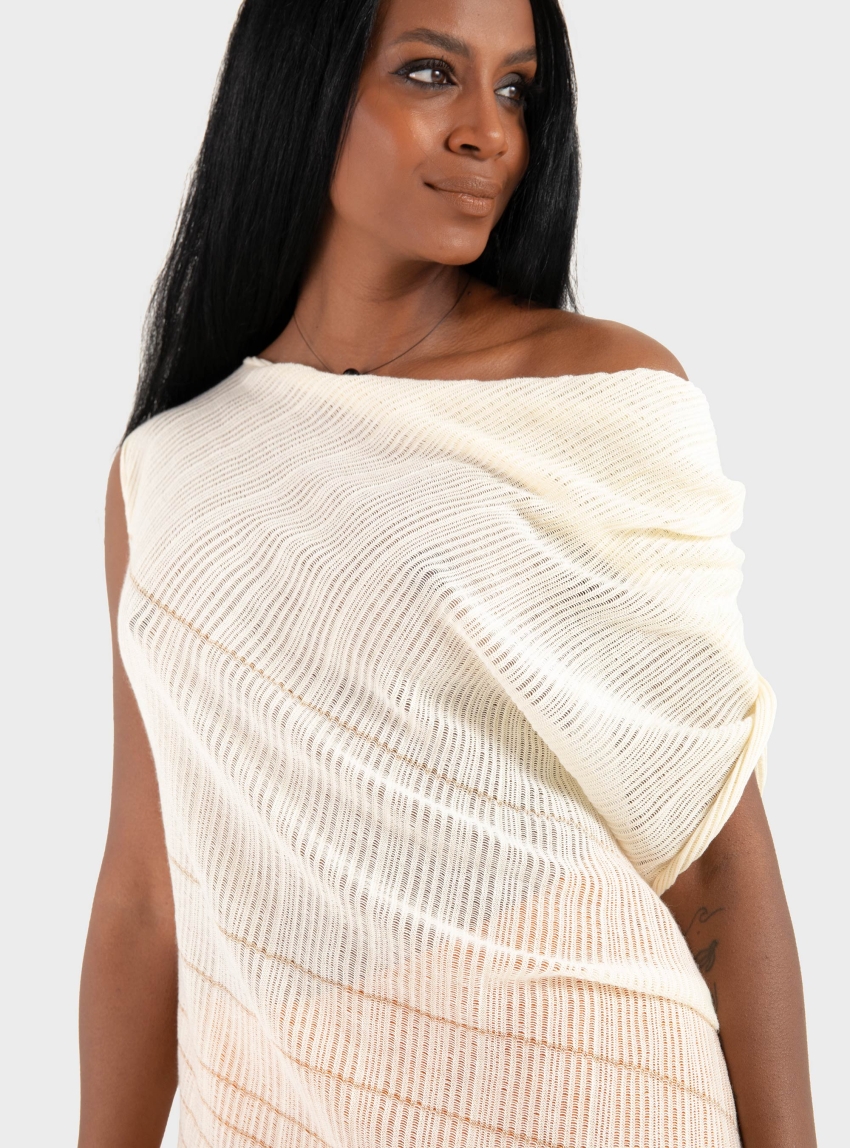 Ioanna Kourbela '"Siren'S Song" Knit Draped Long Top With Lurex Stripes - Ecru