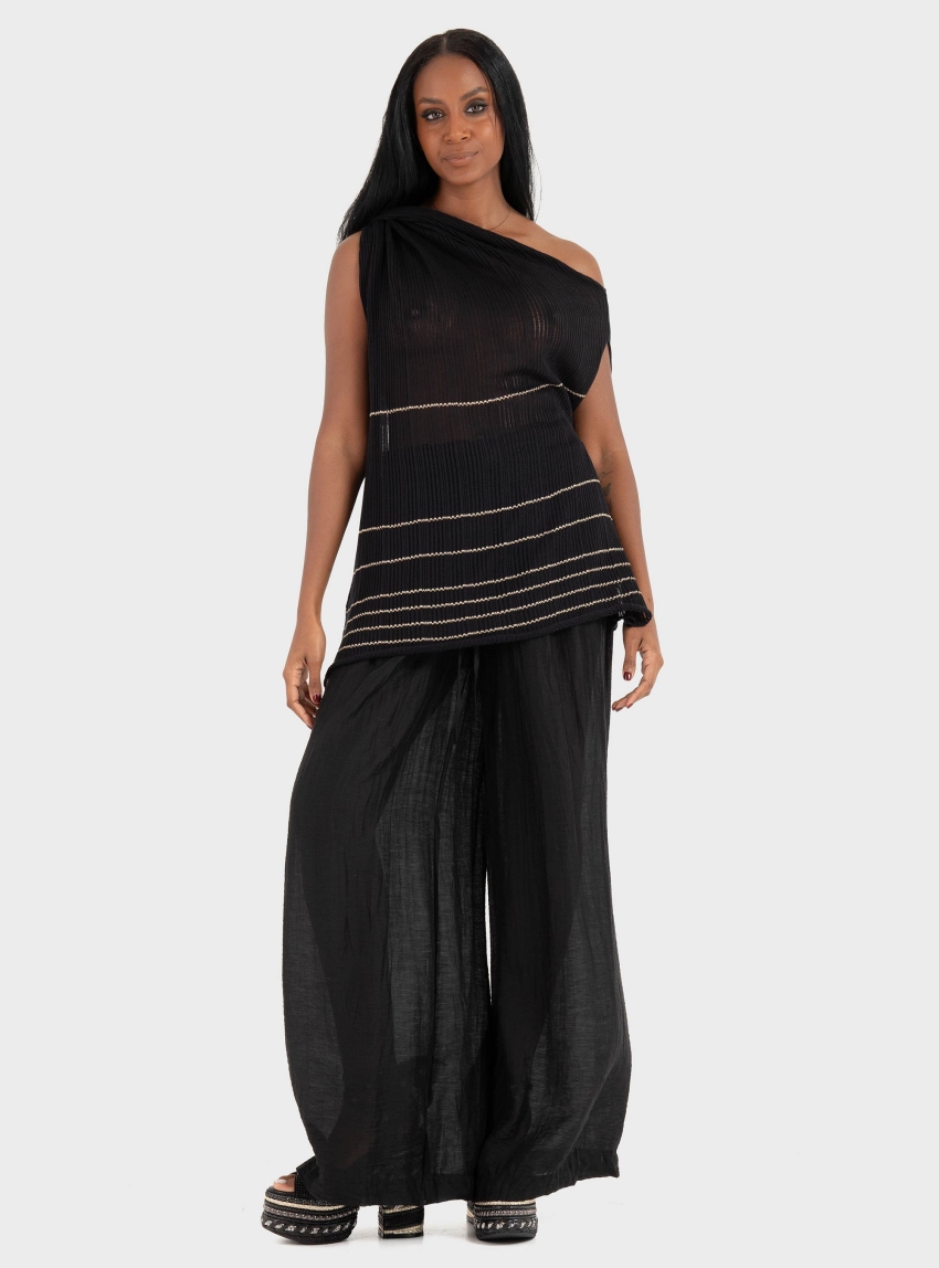 Ioanna Kourbela '"Siren'S Song" Knit Draped Long Top With Lurex Stripes - Black