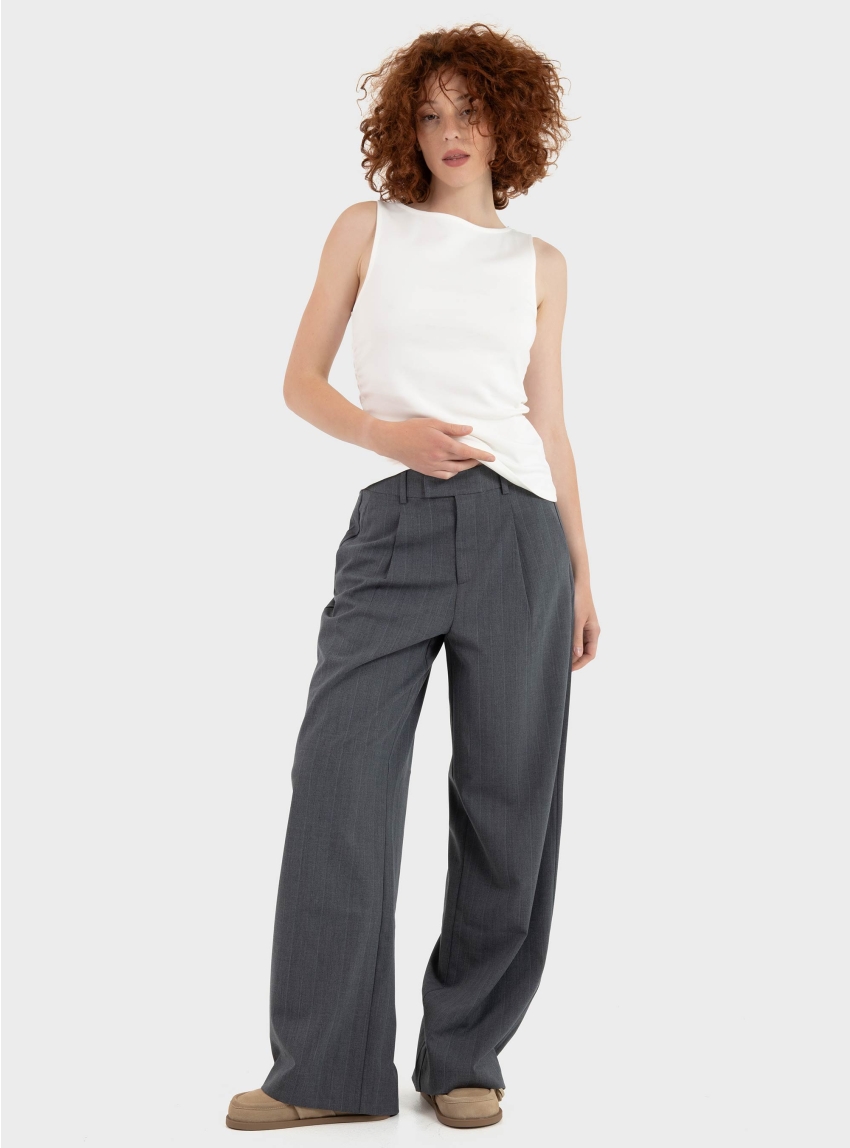 Only Jackie High Waist Wide Pinst Pants - Medium Grey Melange