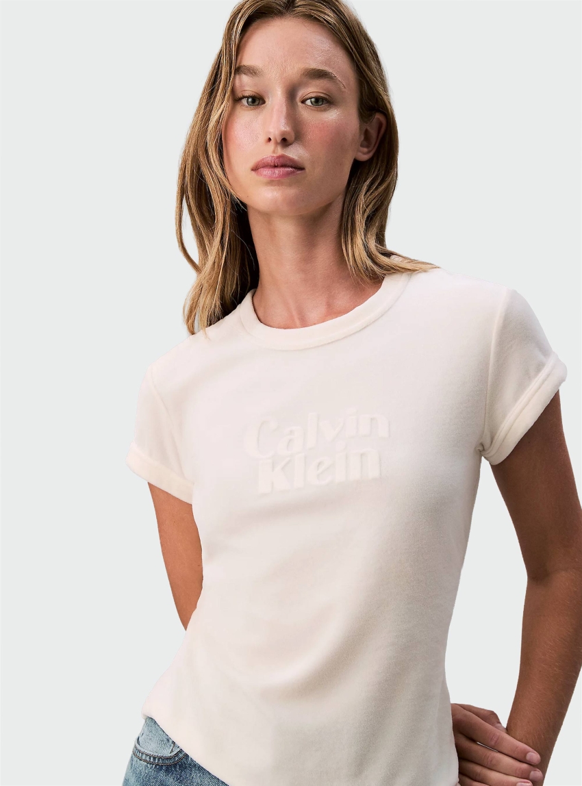 Calvin Klein Velour Embossed Logo Graphic Slim T-Shirt - White