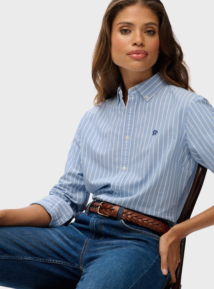 Superdry Slim Oxford Button Down Long Sleeve Shirt - Striped Light Blue