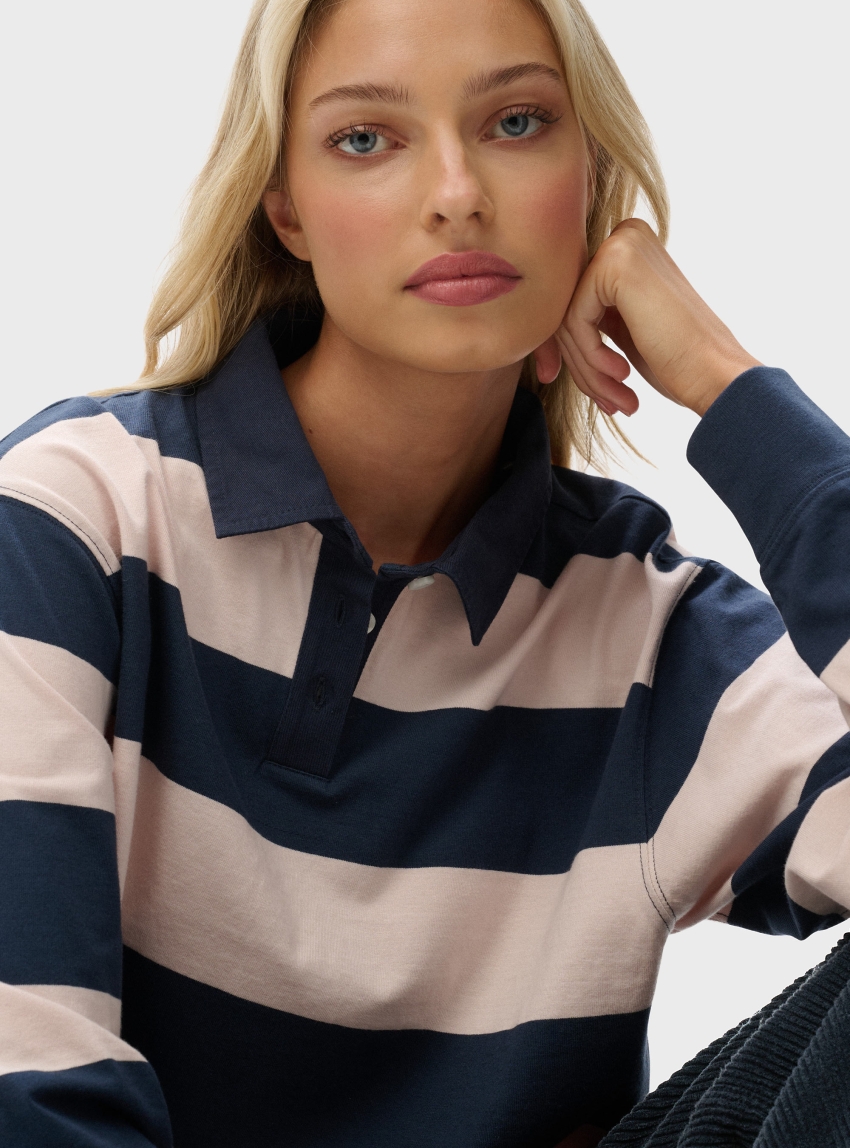 Superdry Athletic Essentials Cropped Stripe Rugby Top - Navy