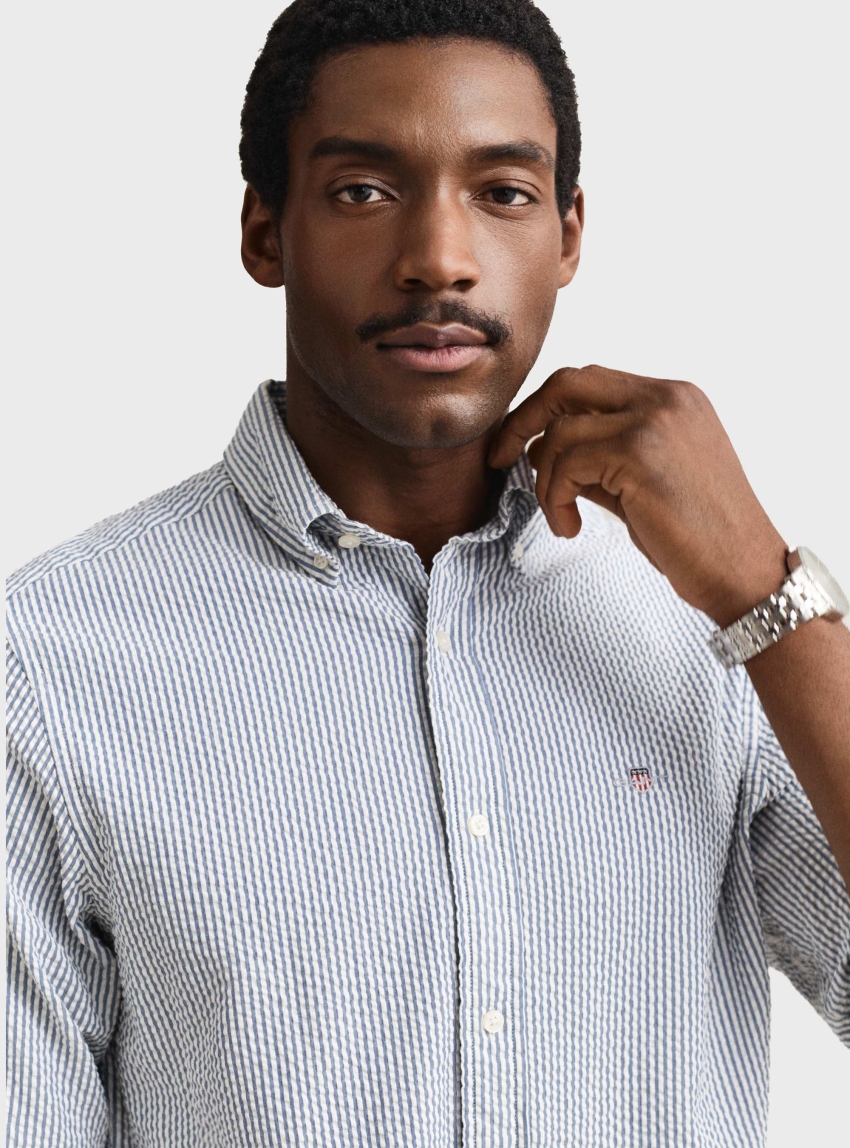 Gant Regular Fit Striped Seersucker Shirt - Sky Blue
