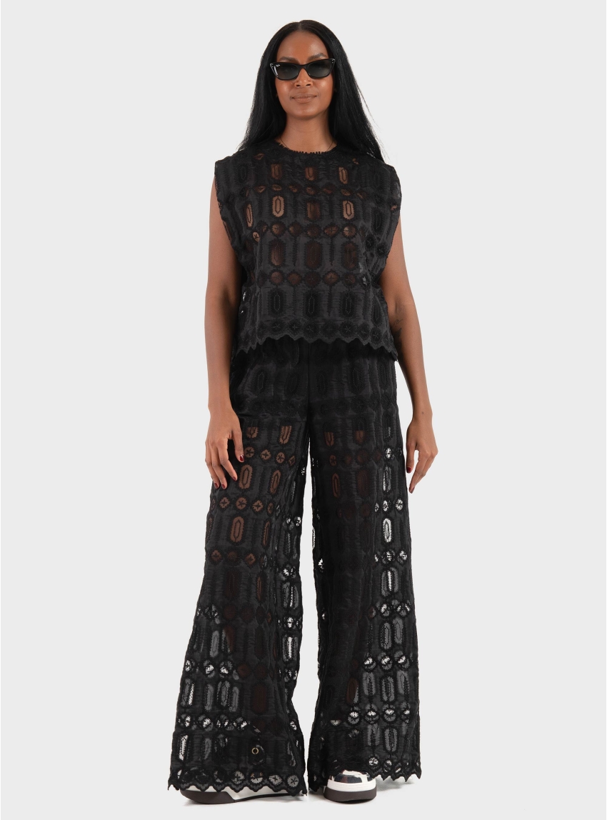 Souvenir Wide Leg Pants With Lace Details - Black