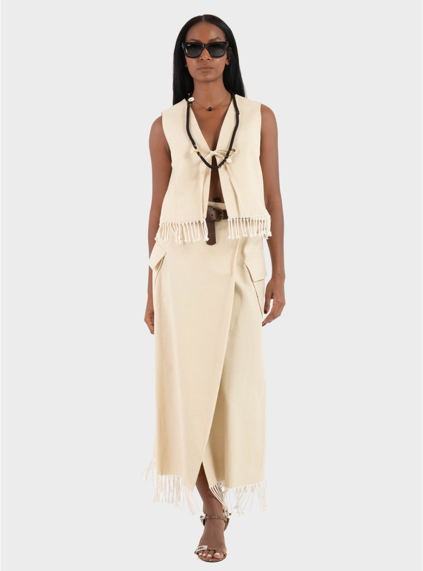 Souvenir Wrapped Belted Skirt With Fringes - Light Beige