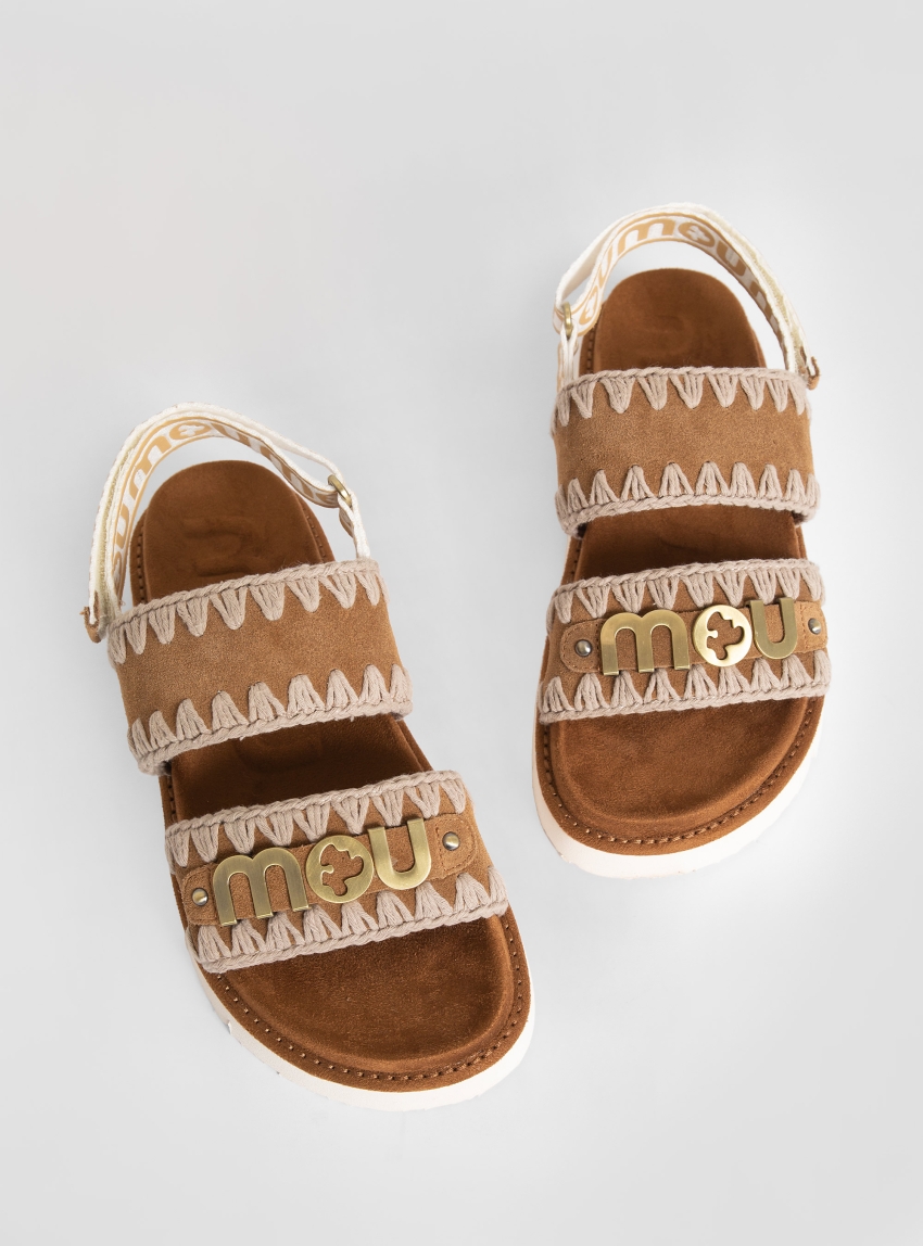 Mou Bio Sandal Back Strap In Suede - Big Metallic Logo - Cognac