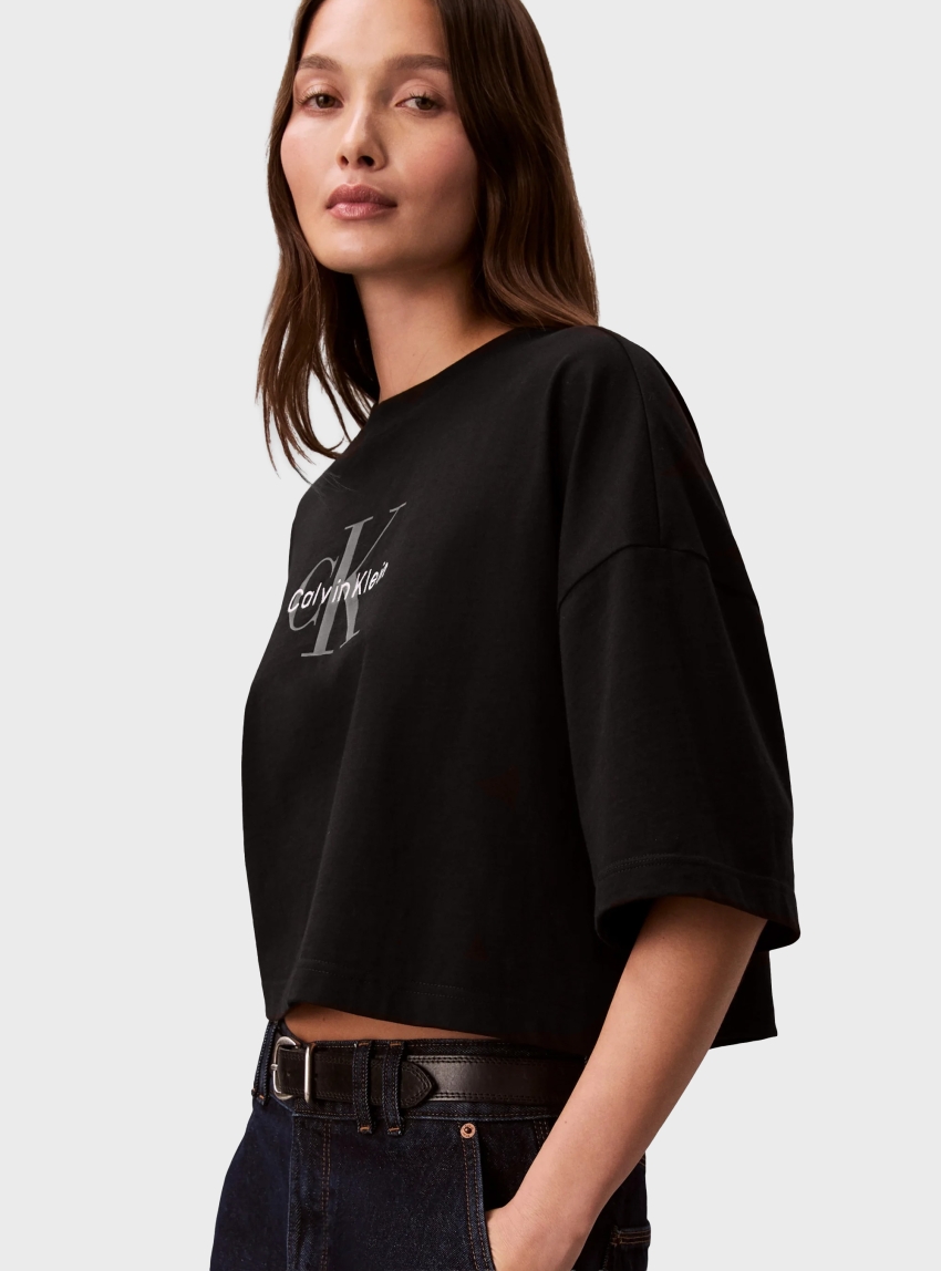 Calvin Klein BOXY CROP MONOLOGO TEE - Black