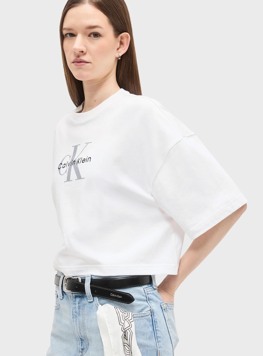 Calvin Klein BOXY CROP MONOLOGO TEE - White