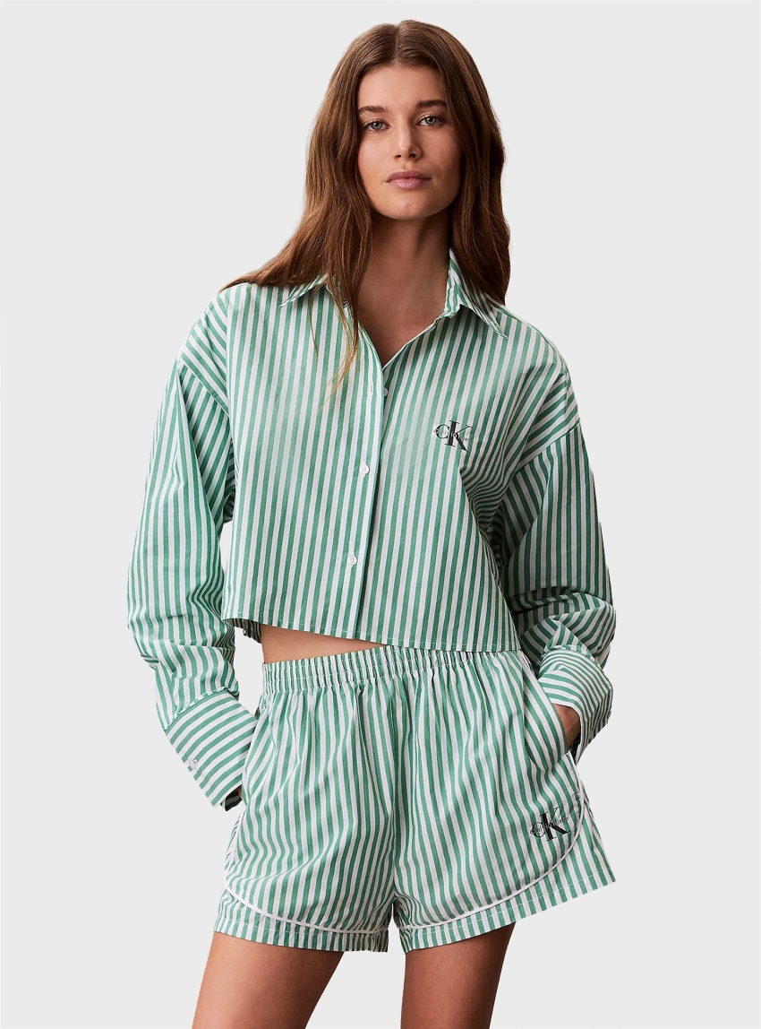 Calvin Klein Cropped Cotton Poplin Pyjama Top - Green