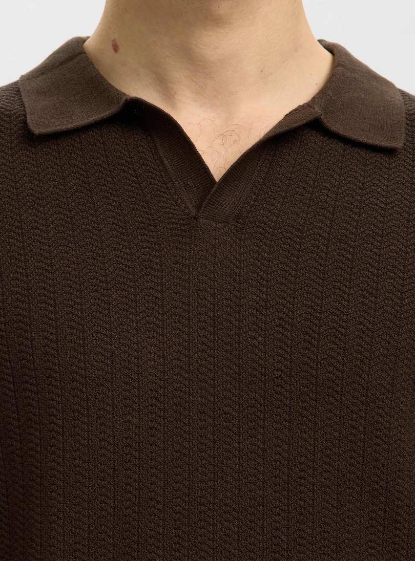 Selected Mattis Linen Blend Polo - Dark Brown