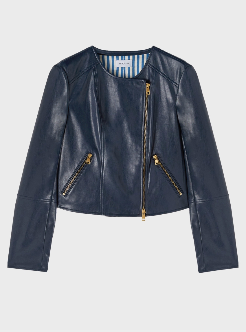 Motivi Biker jacket with asymmetric zip and striped lining - Blue