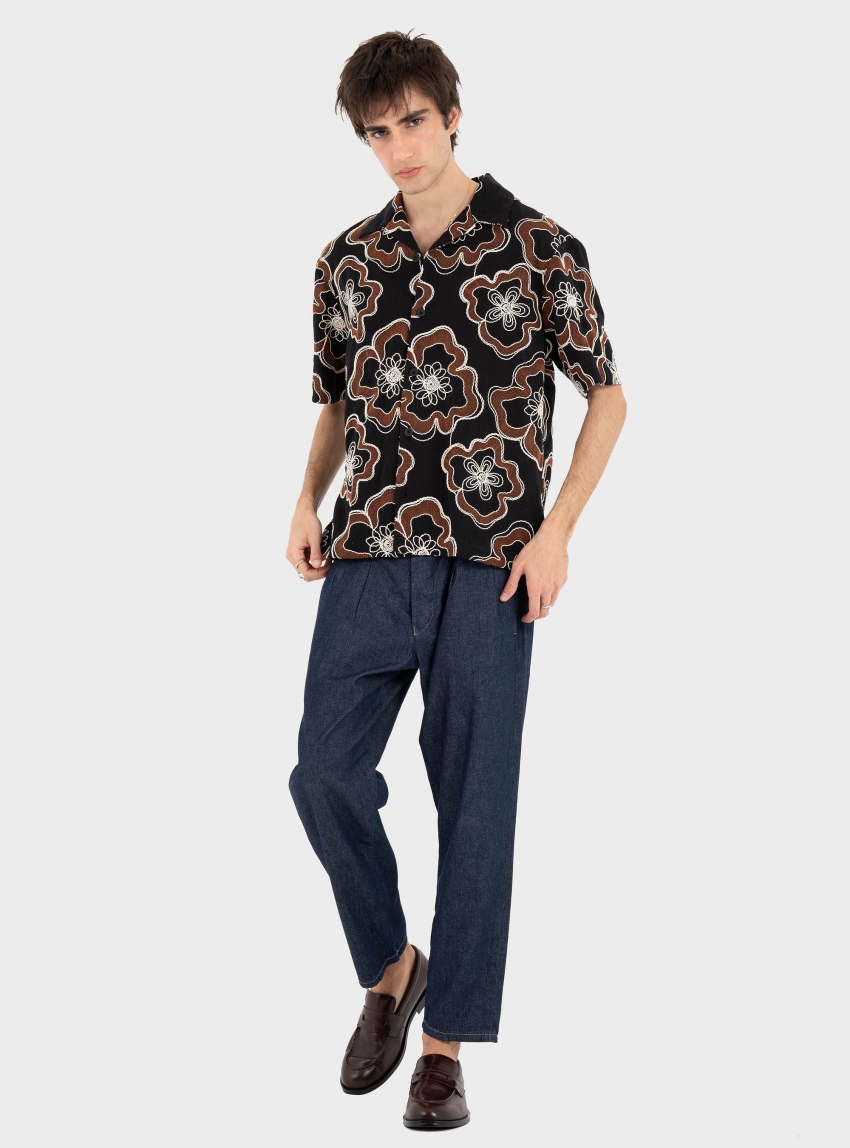 Antony Morato Shirt Dover Relaxed Fit In Embroidered Cotton Fabric With Logoed Metal Badge - Black