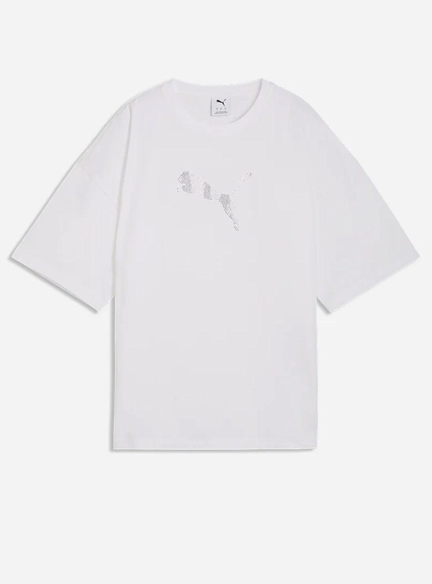 PUMA GRAPHICS LEO LUXE Bedazzled Oversized Tee - White