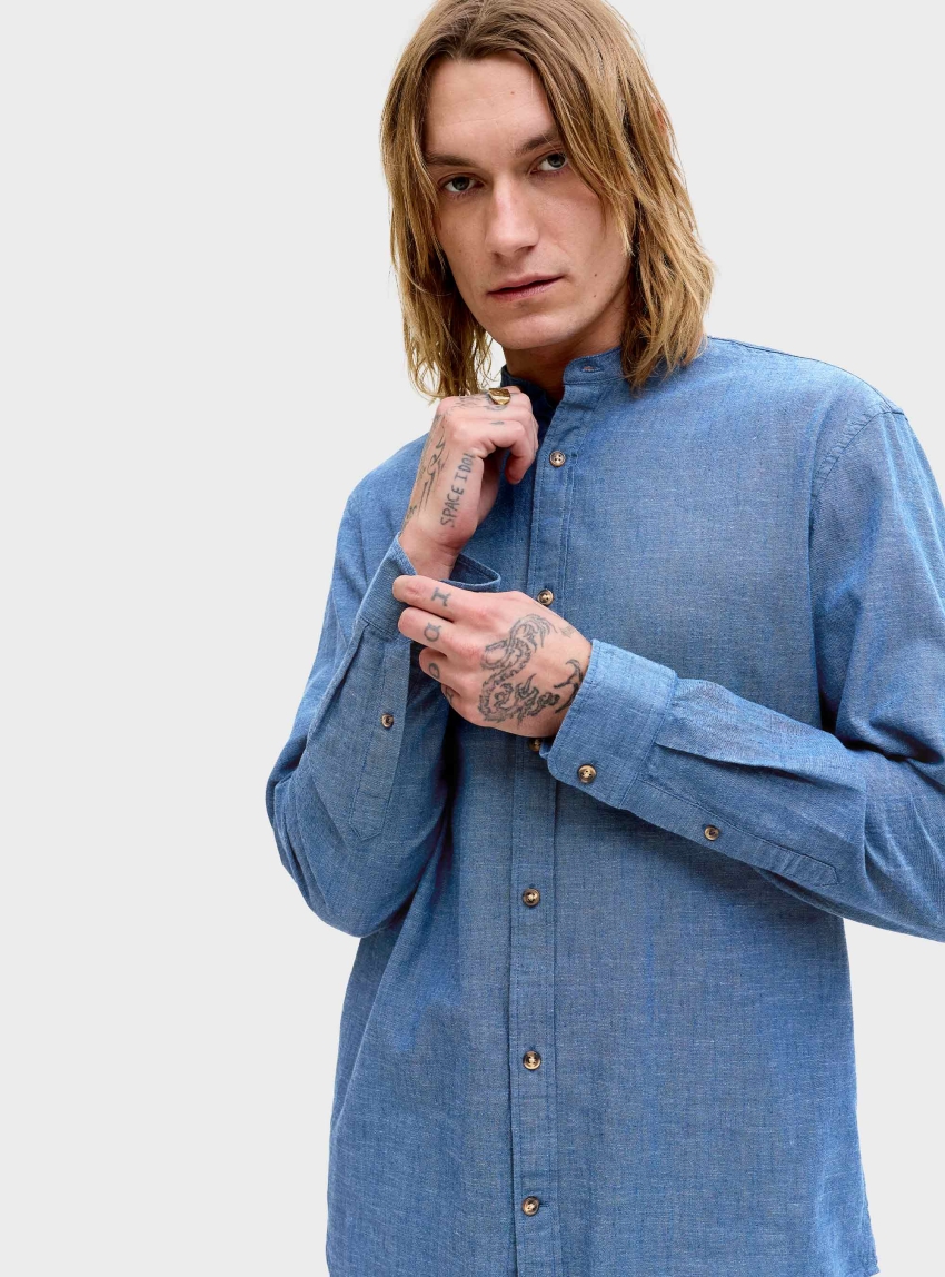 Jack & Jones Summer Linen Blend Band Shirt - Navy