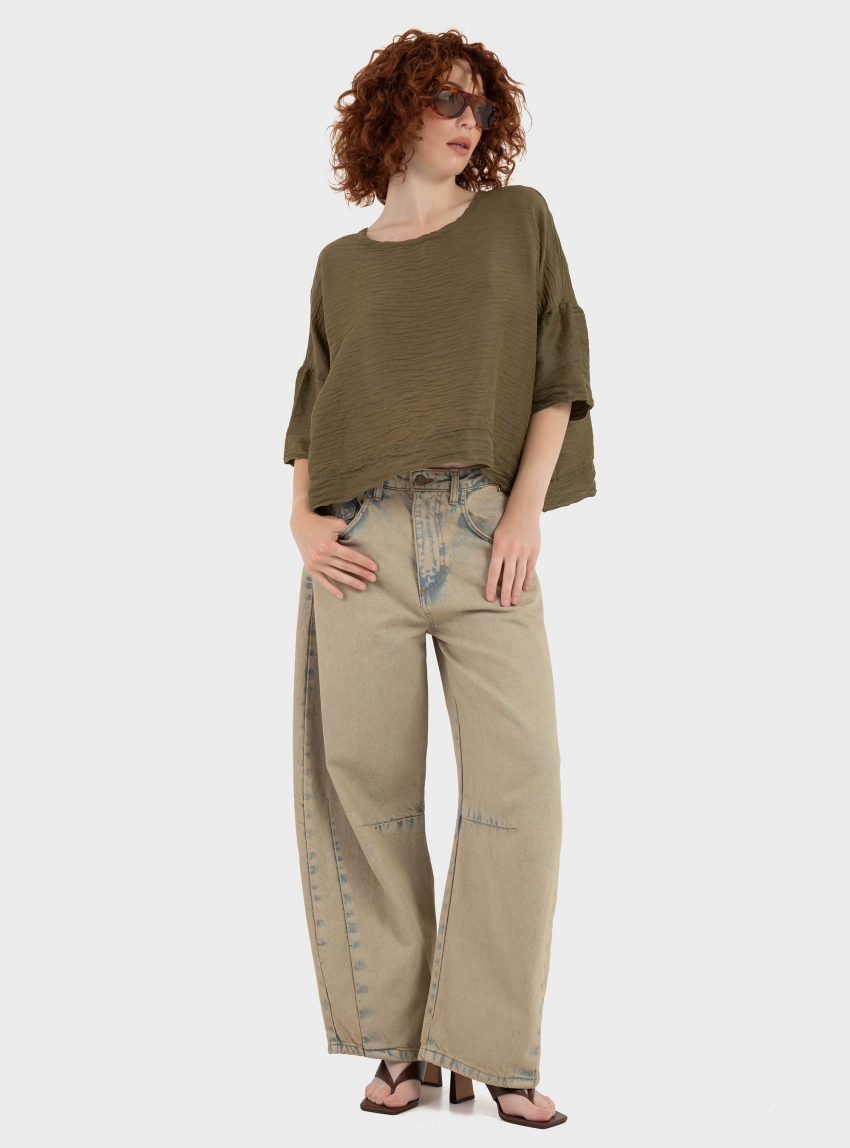 Philia Loft Loose Barrel Jeans - Beige