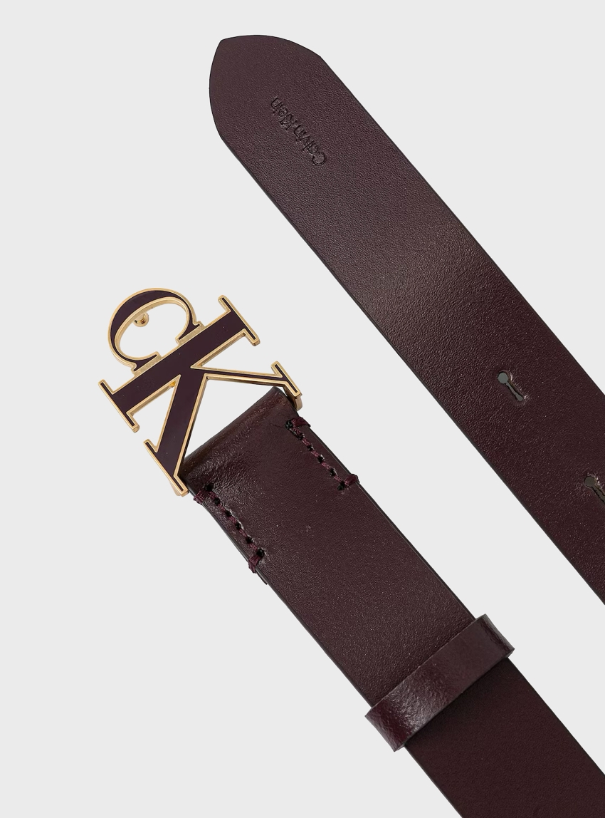 Calvin Klein Full-Grain Leather Logo Buckle Belt - Bordeaux