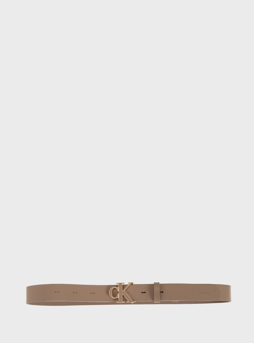 Calvin Klein Full-Grain Leather Logo Buckle Belt - Taupe