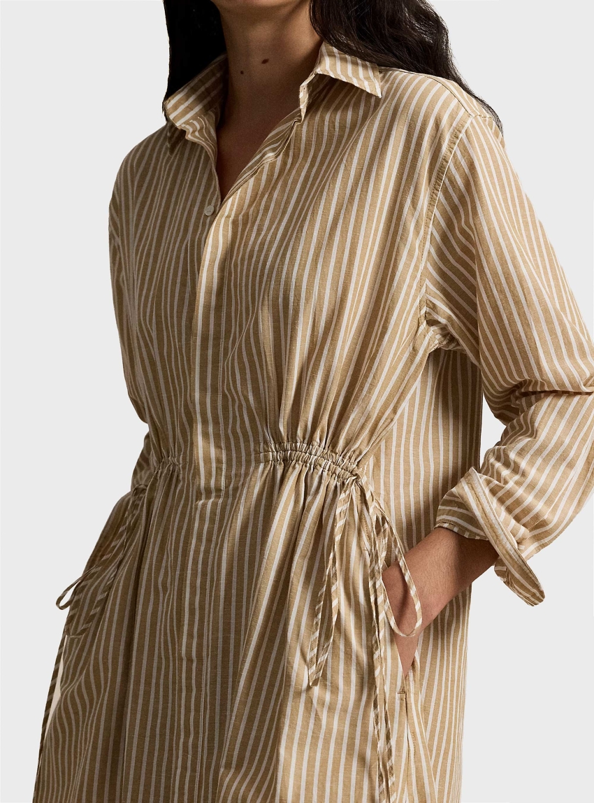 Polo Ralph Lauren Striped Cotton-Linen Drawcord Shirtdress - Camel