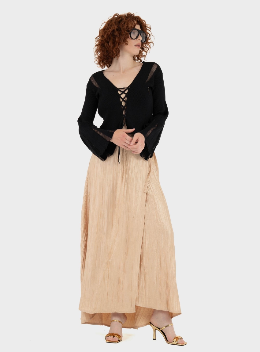 Ioanna Kourbela "Magic Sunset" Knit Cardigan With Bell Sleeves And "X" Shaped Front Ties - Black