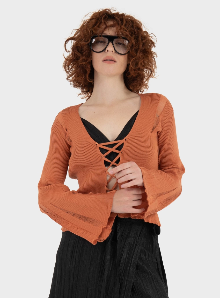 Ioanna Kourbela "Magic Sunset" Knit Cardigan With Bell Sleeves And "X" Shaped Front Ties - Fluo Orange