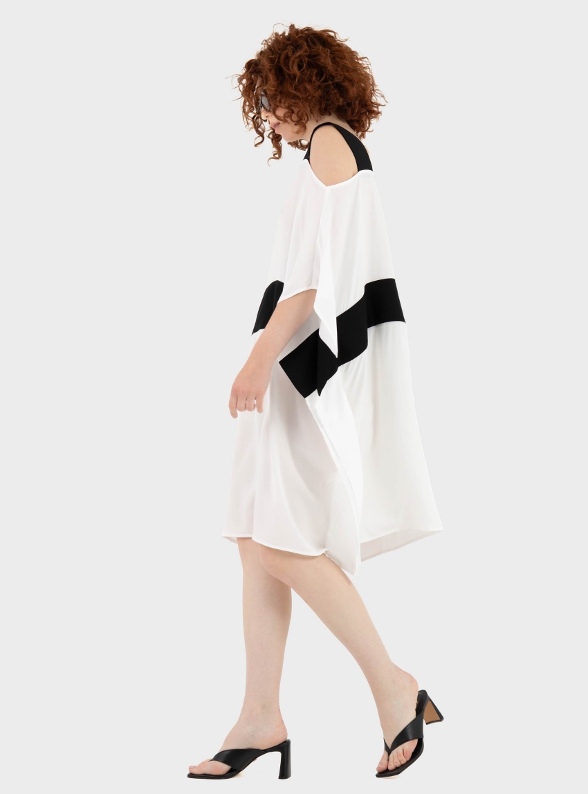 Ioanna Kourbela '"Dimensional Play" Mini Tunic Dress With Cold Shoulders - Off White