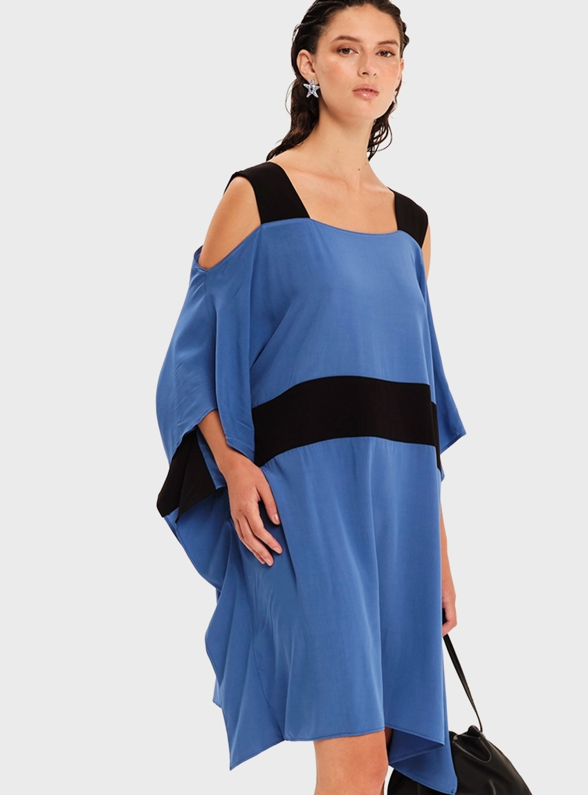Ioanna Kourbela '"Dimensional Play" Mini Tunic Dress With Cold Shoulders - Blue Black