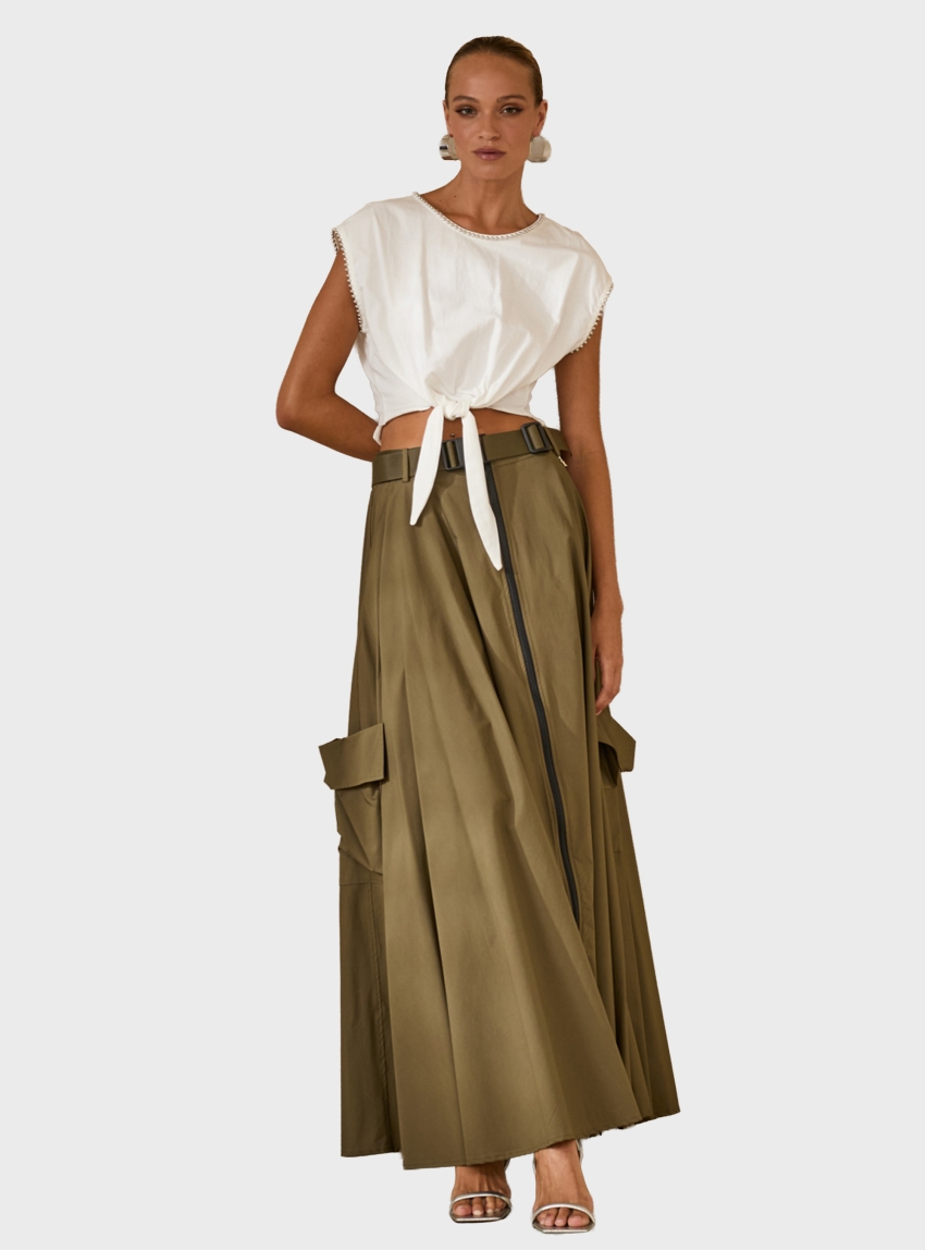 Souvenir Maxi Belted Skirt - Dark Olive Green