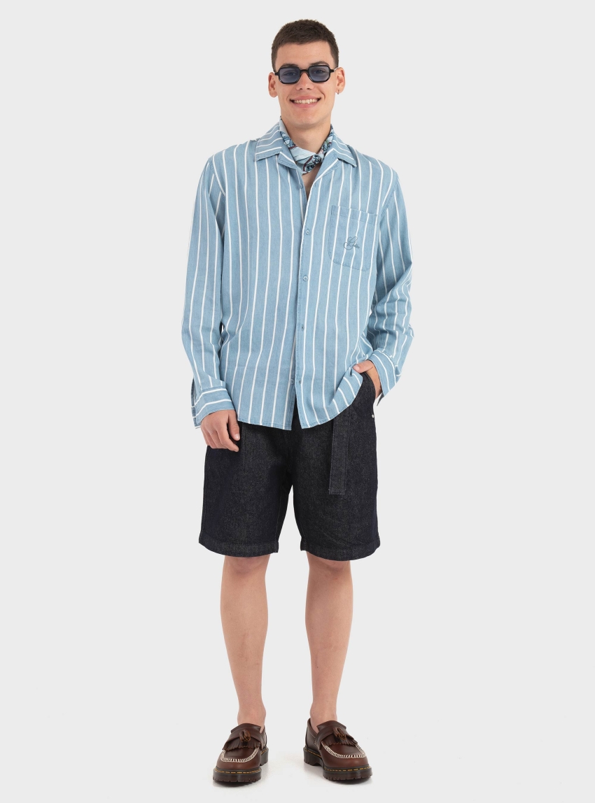 Gianni Lupo Belted Pleated Denim Shorts - Unwashed Denim