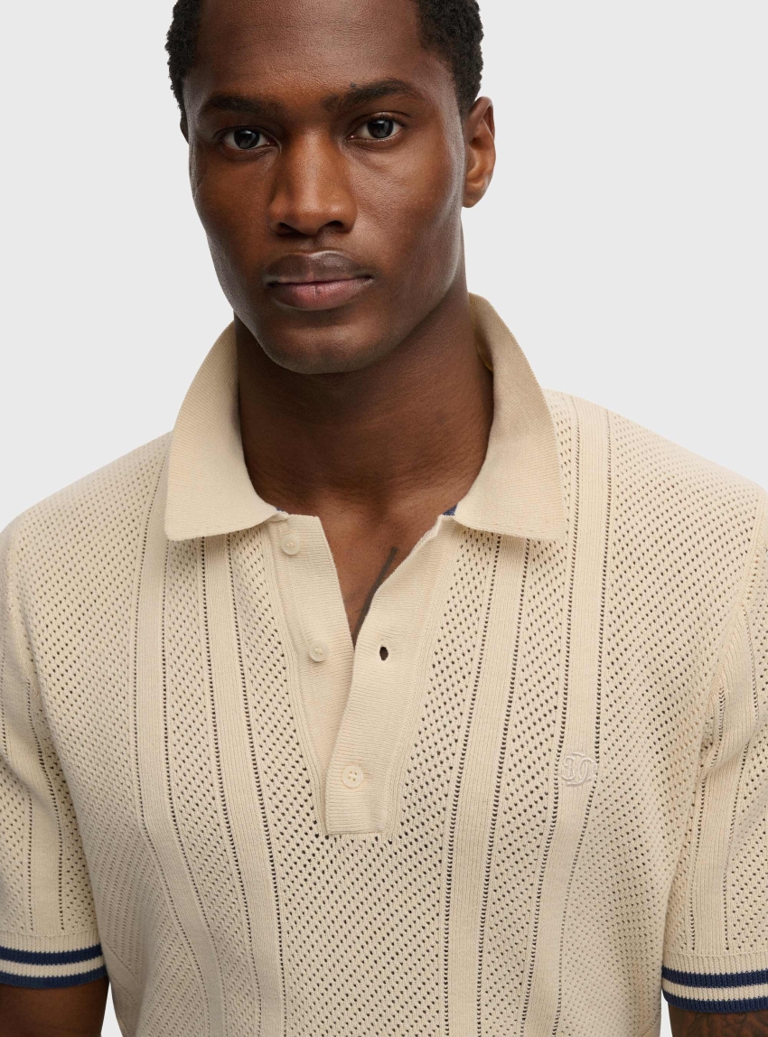 Superdry Knitted Texture Short Sleeve Polo Shirt - Ecru