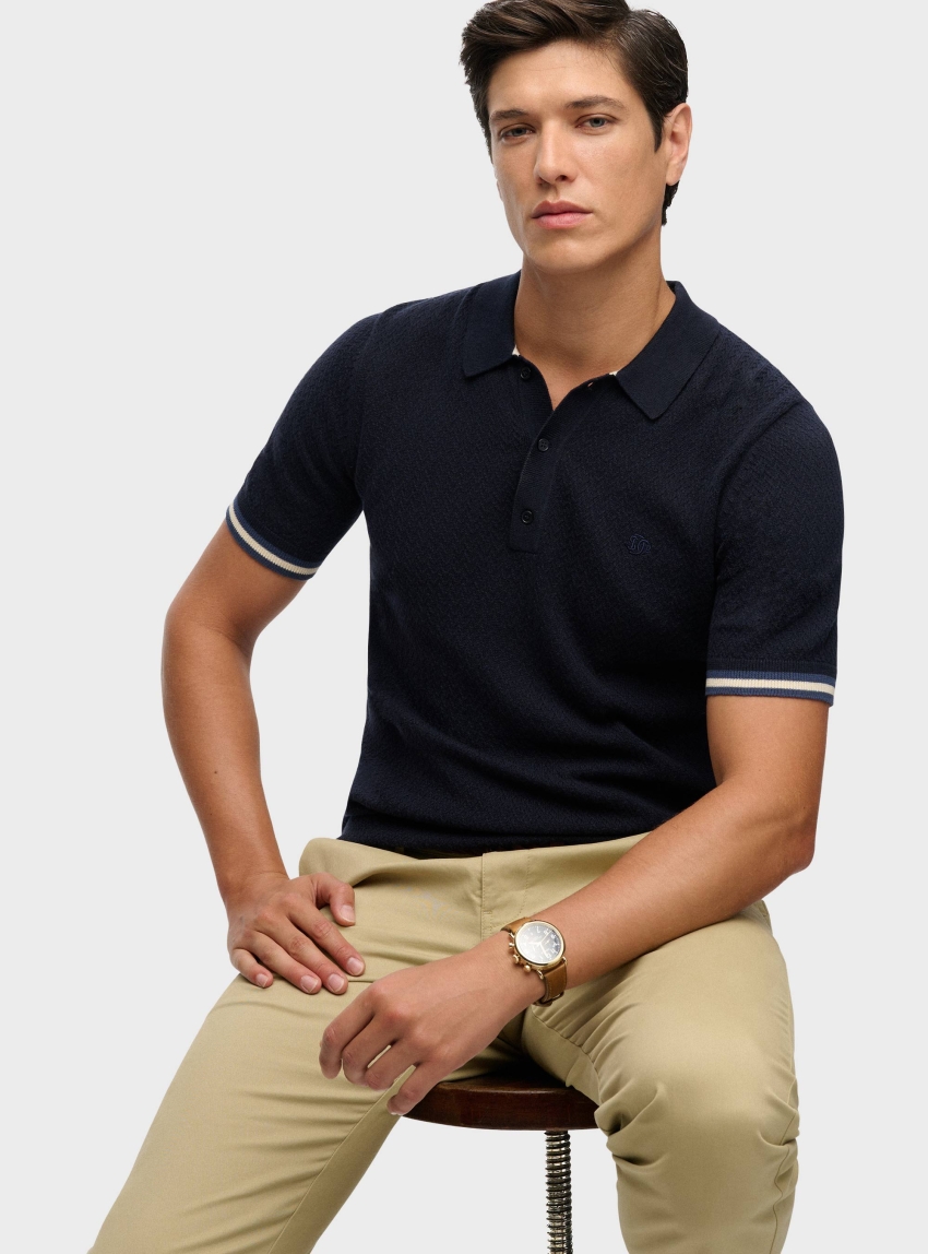Superdry Knitted Texture Short Sleeve Polo Shirt - Navy