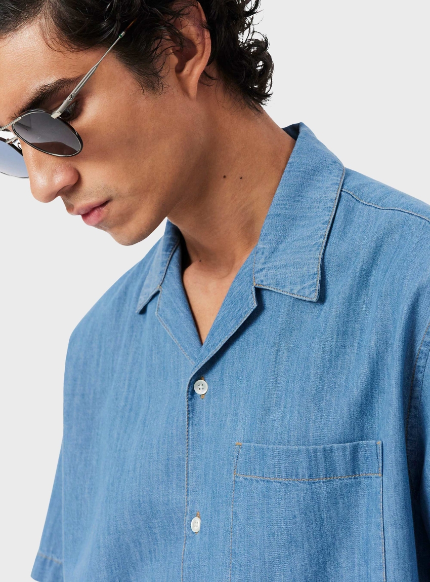 Lacoste Relaxed Fit Open Neck Denim Shirt - Medium Aged Denim