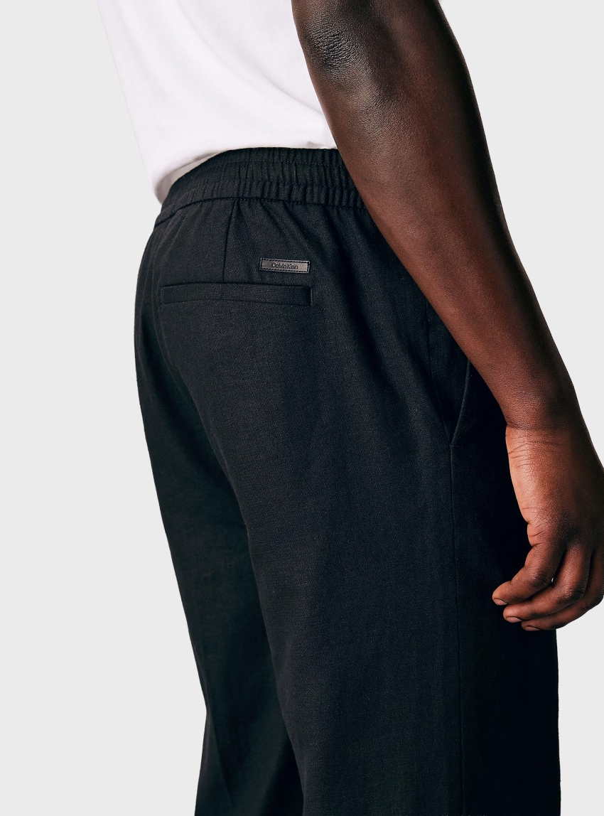 Calvin Klein Linen Cotton Drawstring Trousers - Black