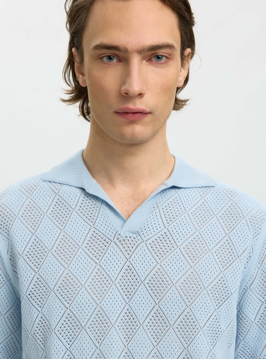 Selected Arco Knit Structure Open Polo - Light Blue