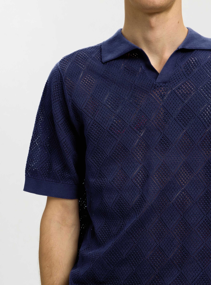 Selected Arco Knit Structure Open Polo - Blue
