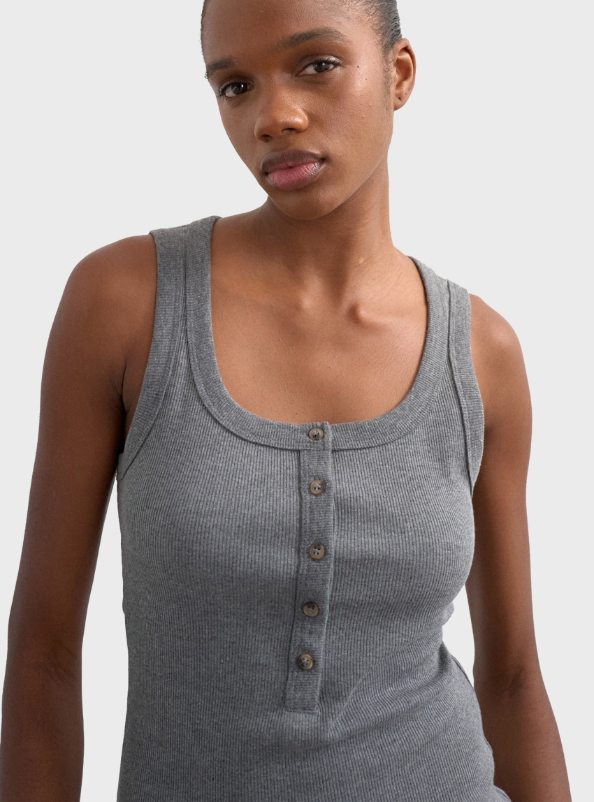 Topsop Ella Stripe Button Rib Tank Top - Grey Melange
