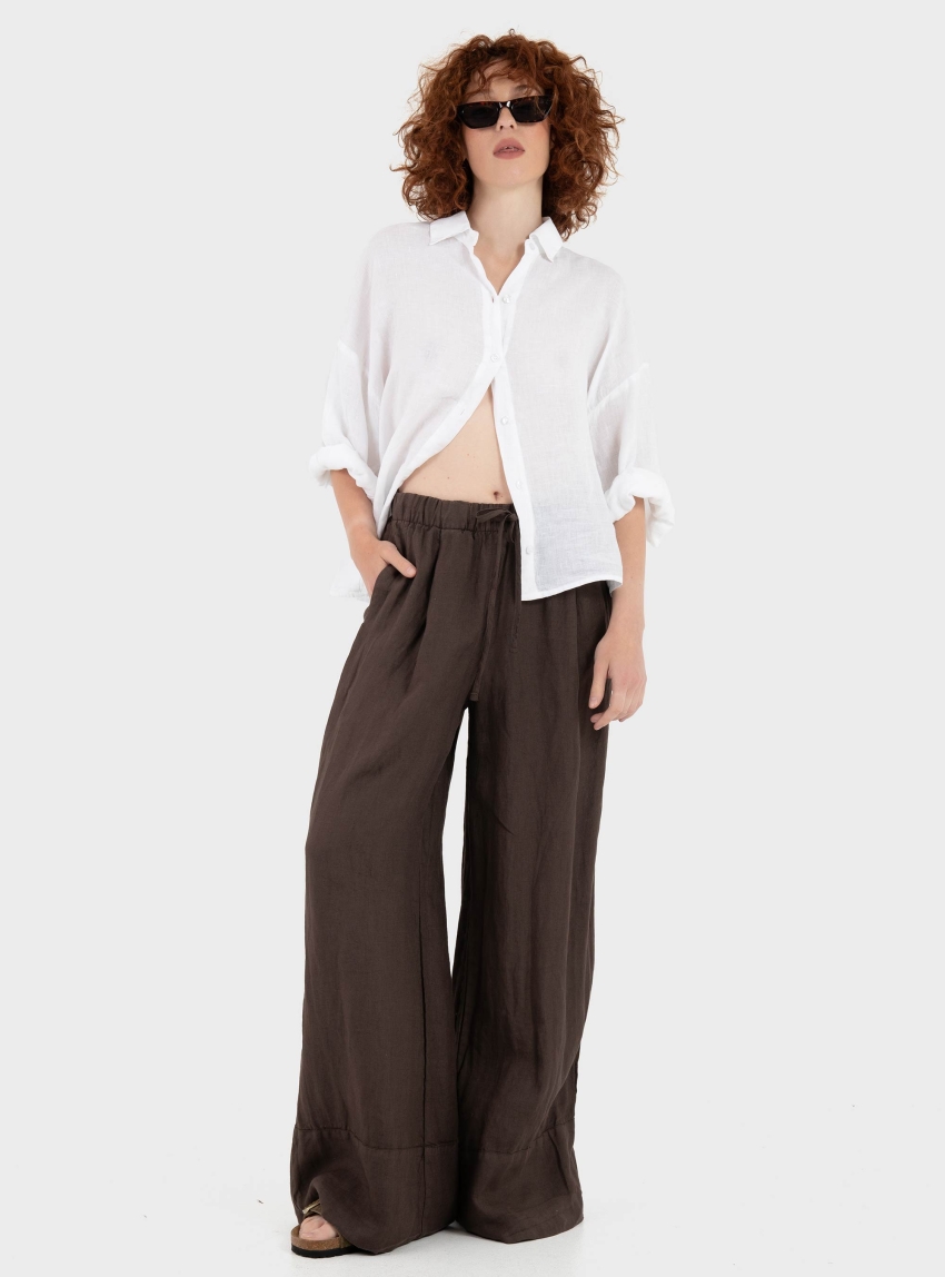 Black & Black  Wide Leg Linen Pants - Brown